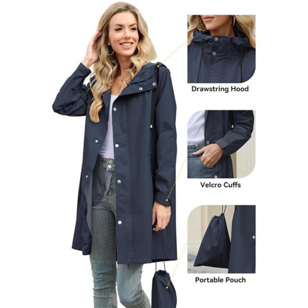 Women's Long Rain Coat Packable Rain Jacket Waterproof Raincoat - Picture 4 of 6